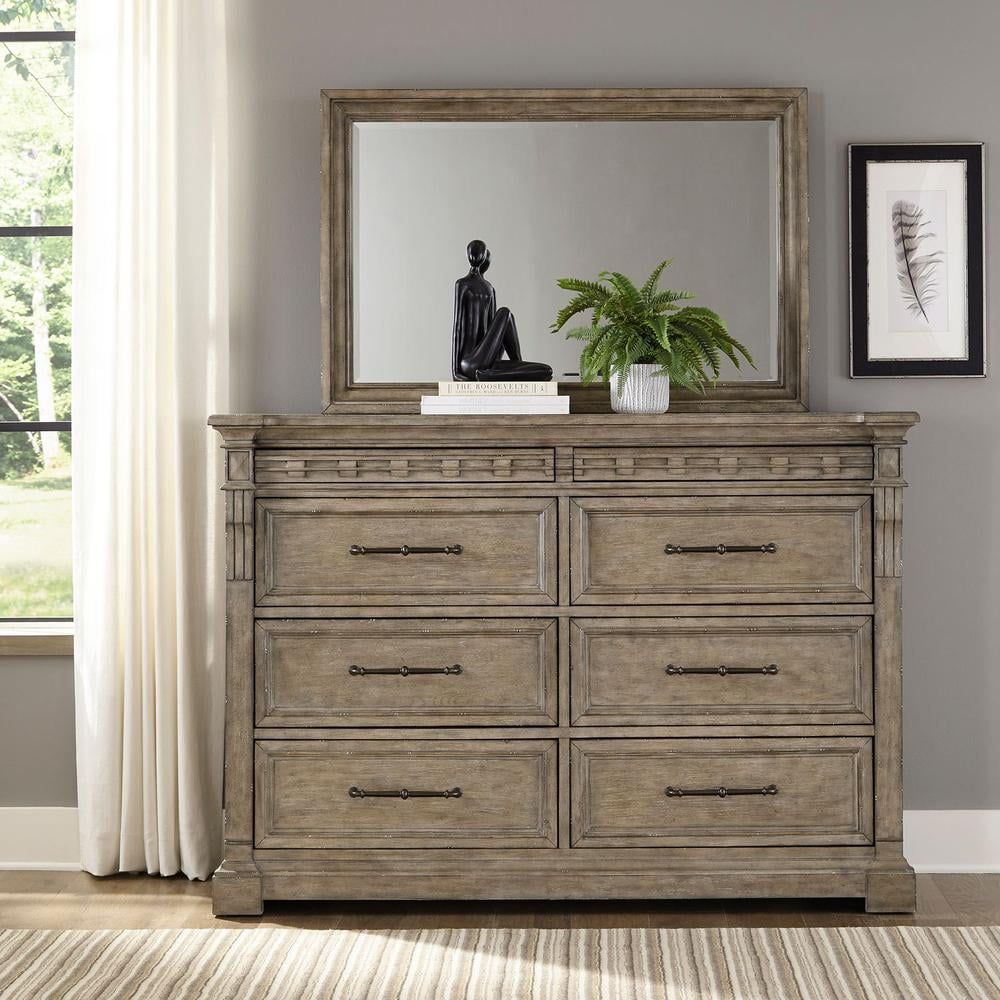 Dusty Taupe Oak Dresser with Mirror and Felt-Lined Drawers