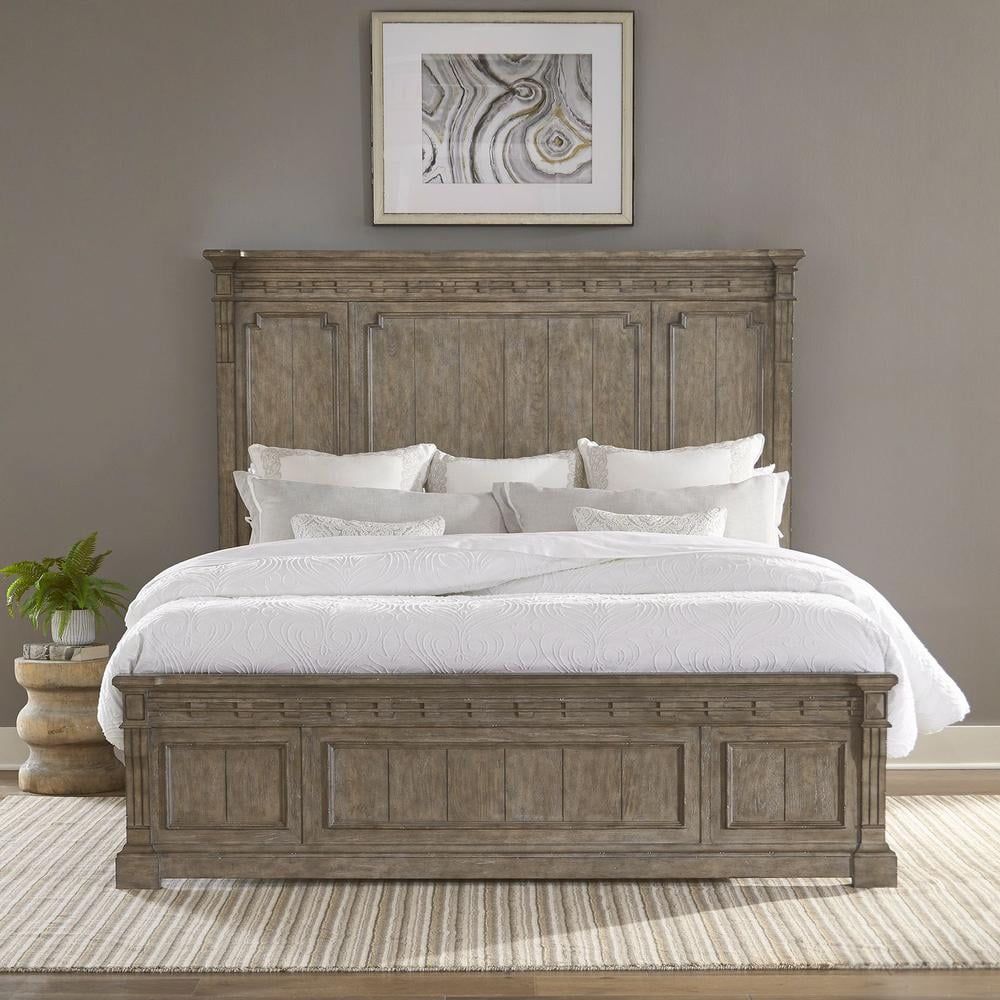 Dusty Taupe King Panel Bed with Mansion Style Headboard