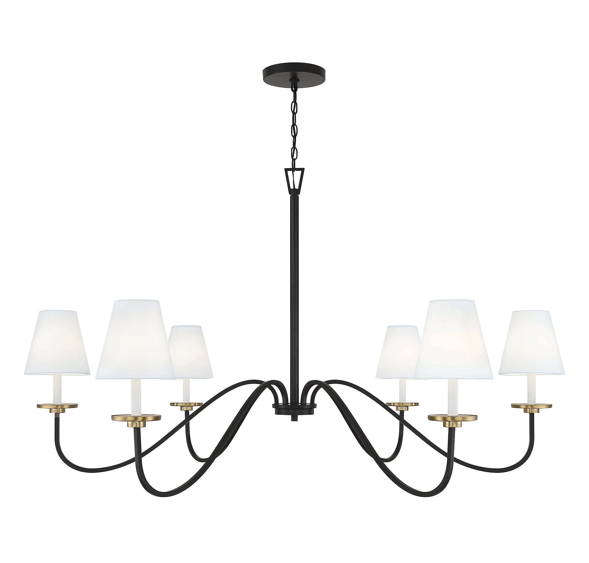 Black and Brass 6-Light Chandelier with White Shades