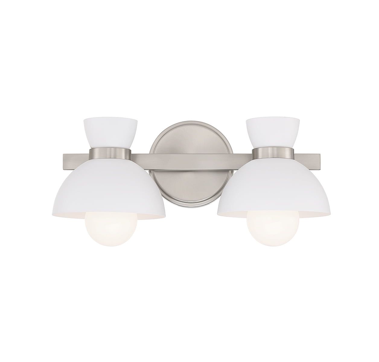 Brushed Nickel 2-Light Bathroom Vanity Light with White Metal Shades