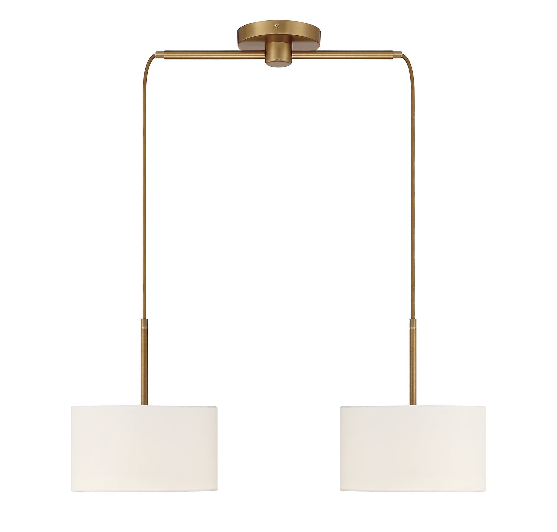 Libra Adjustable 2-Light Linear Chandelier in Natural Brass with White Drum Shades