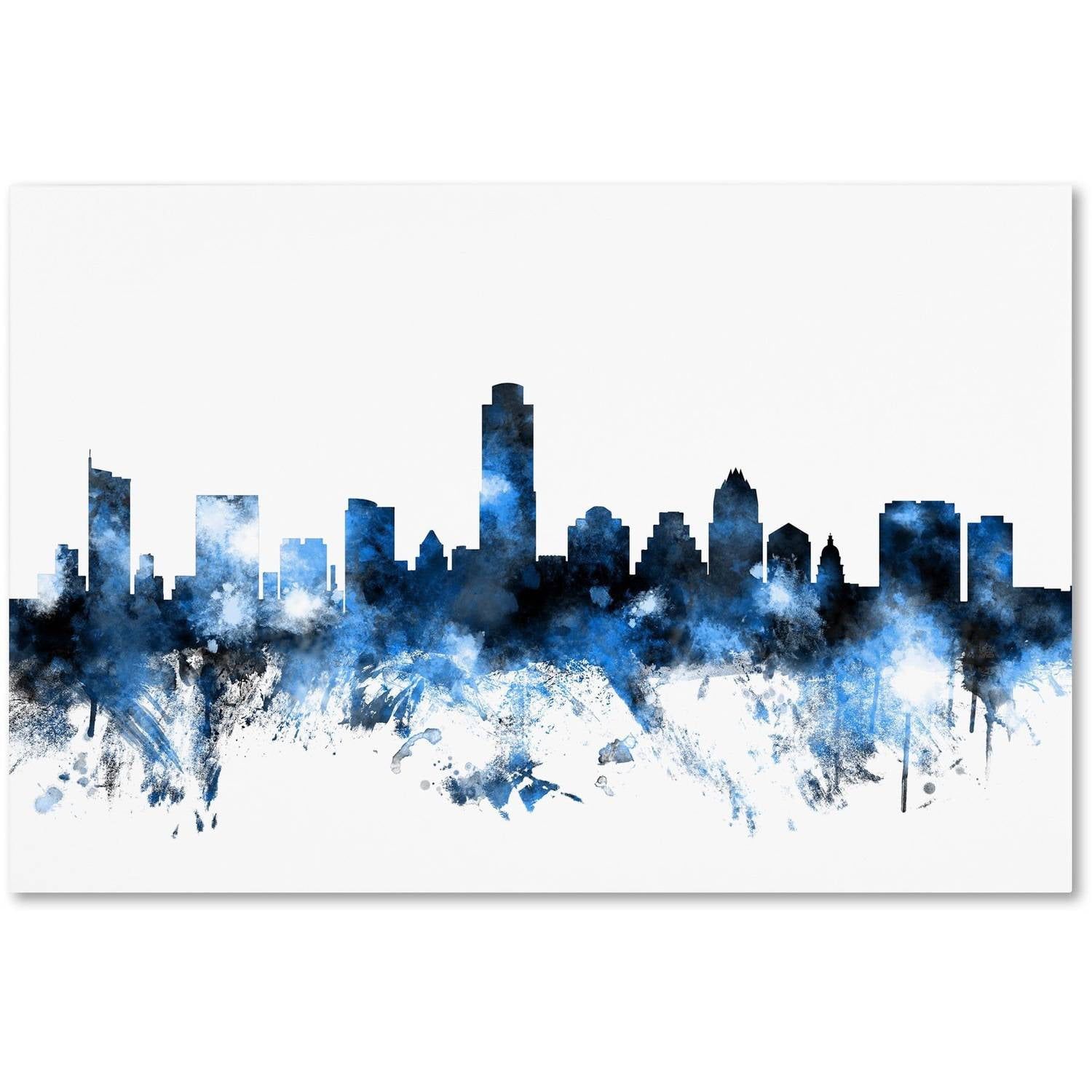 Austin Texas Skyline II Blue Watercolor Canvas Art