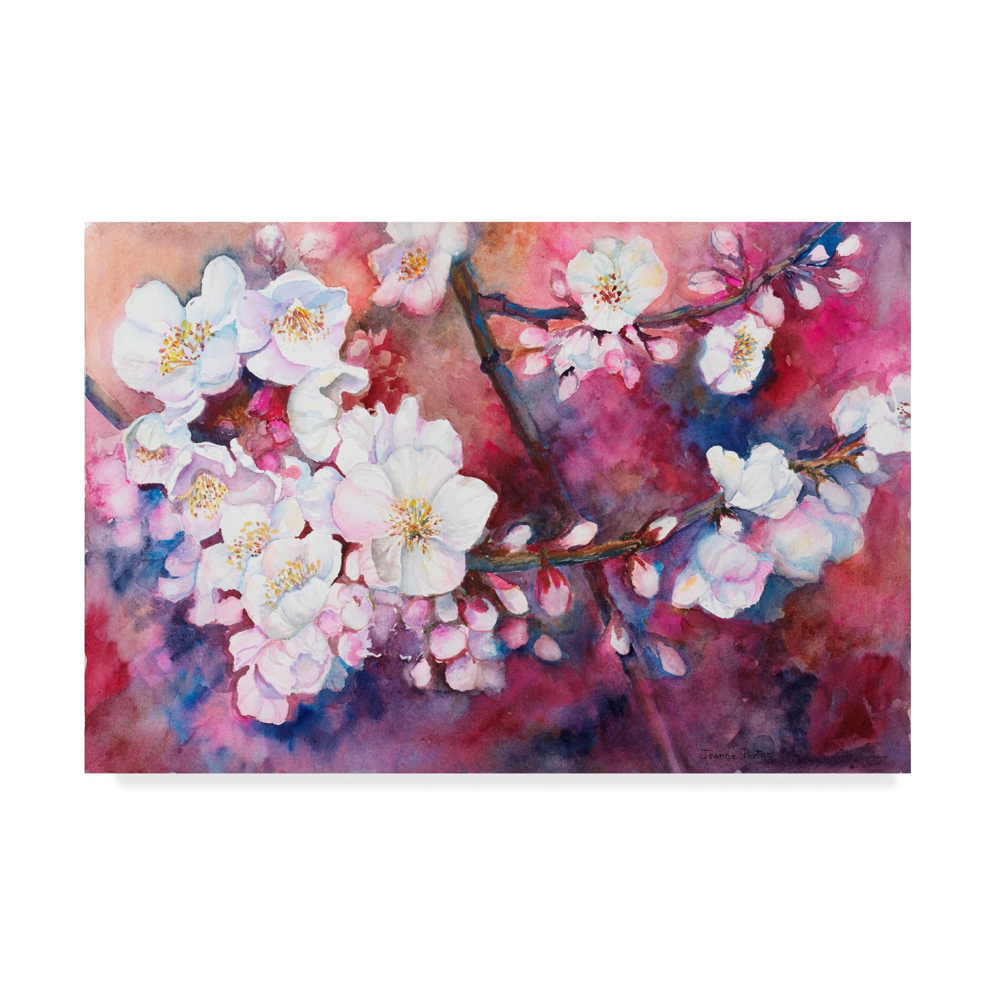 White Cherry Blossoms on Red Canvas Framed Art 24x16