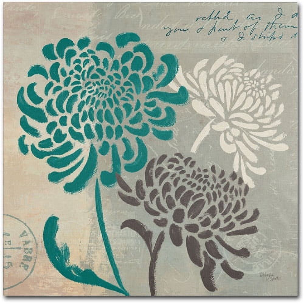 Chrysanthemums I Teal and Gray Canvas Wall Art