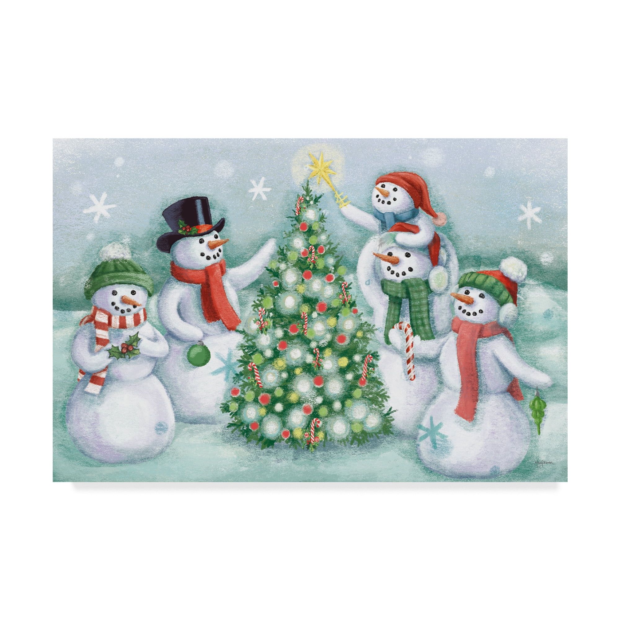 Classic Snowmen Family Christmas Canvas Art in Light Blue and Green