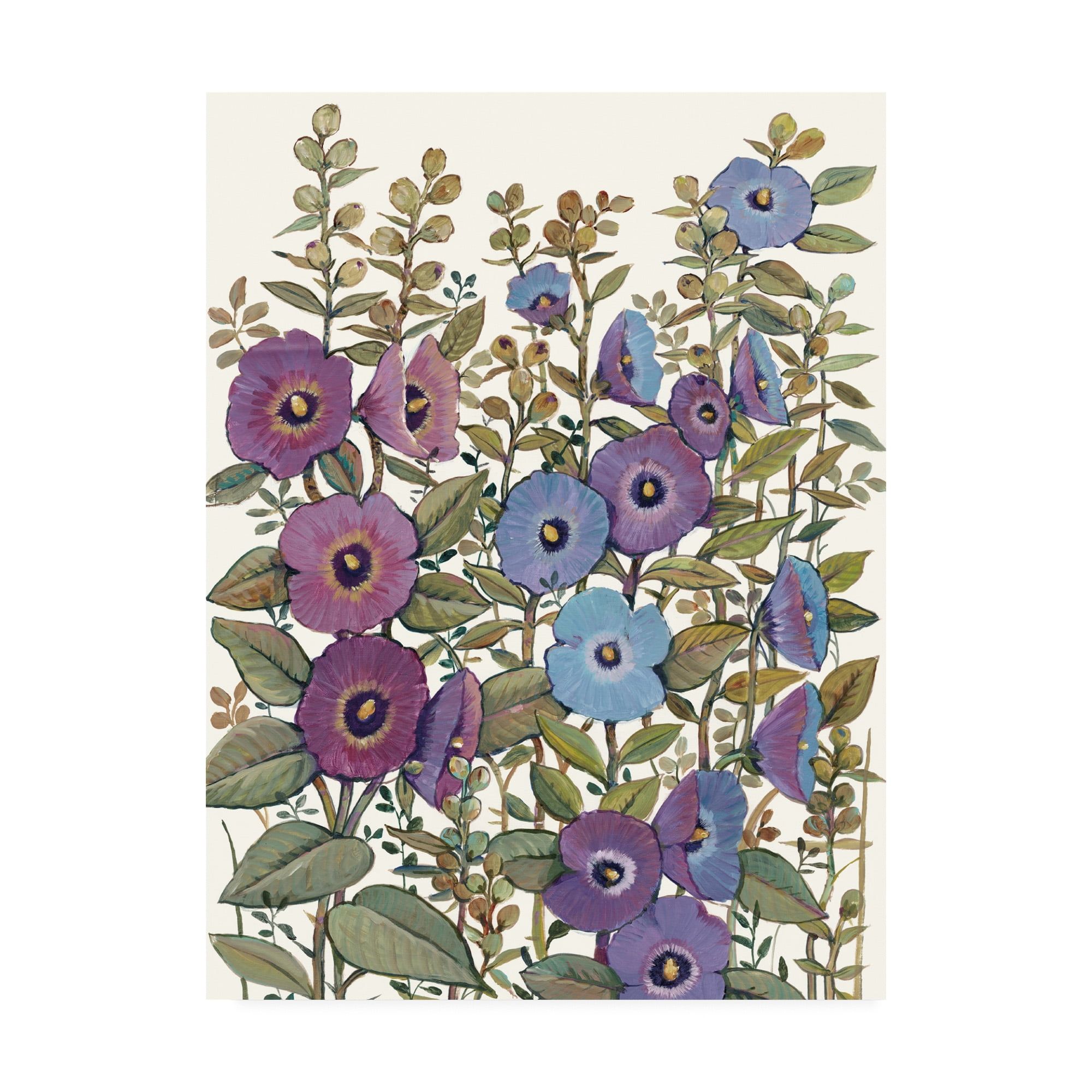 Hollyhocks in Bloom I Blue and Purple Floral Canvas Art