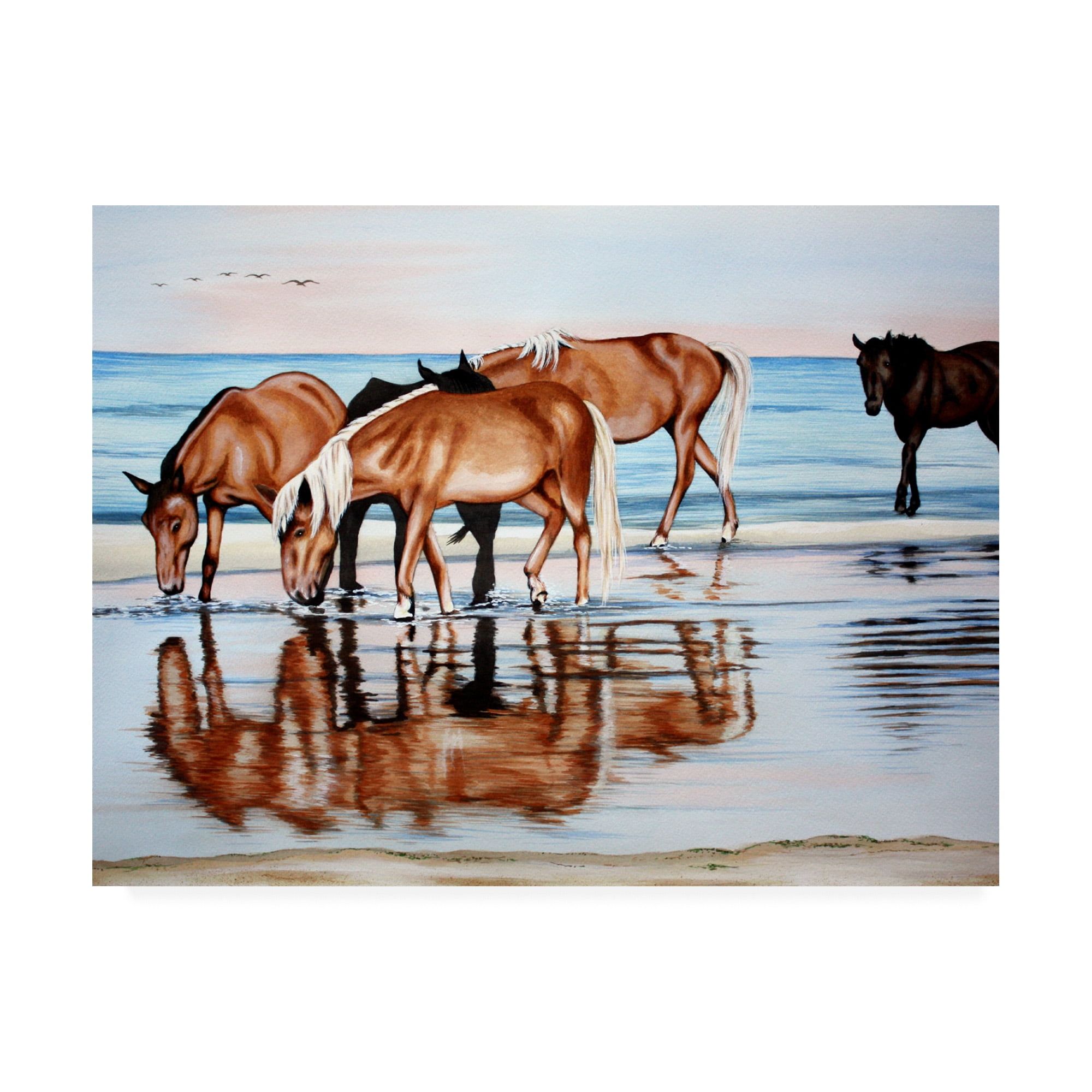 Large Light Blue and Tan Canvas Art of Horses on Beach