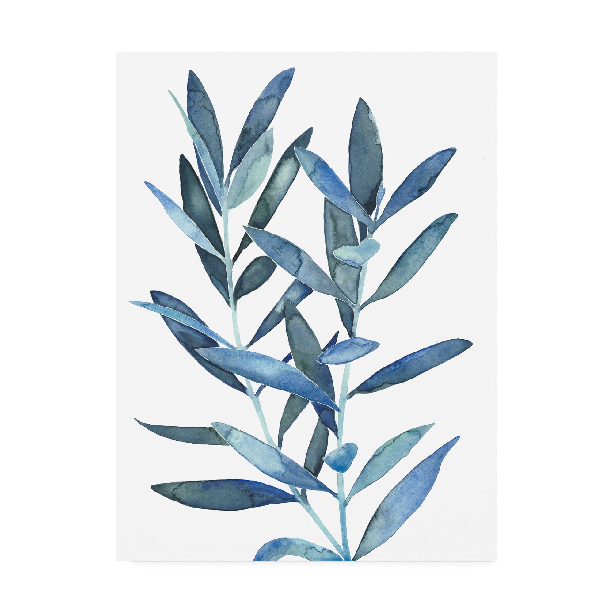 Indigo Blue and White Watercolor Leaves Canvas Art