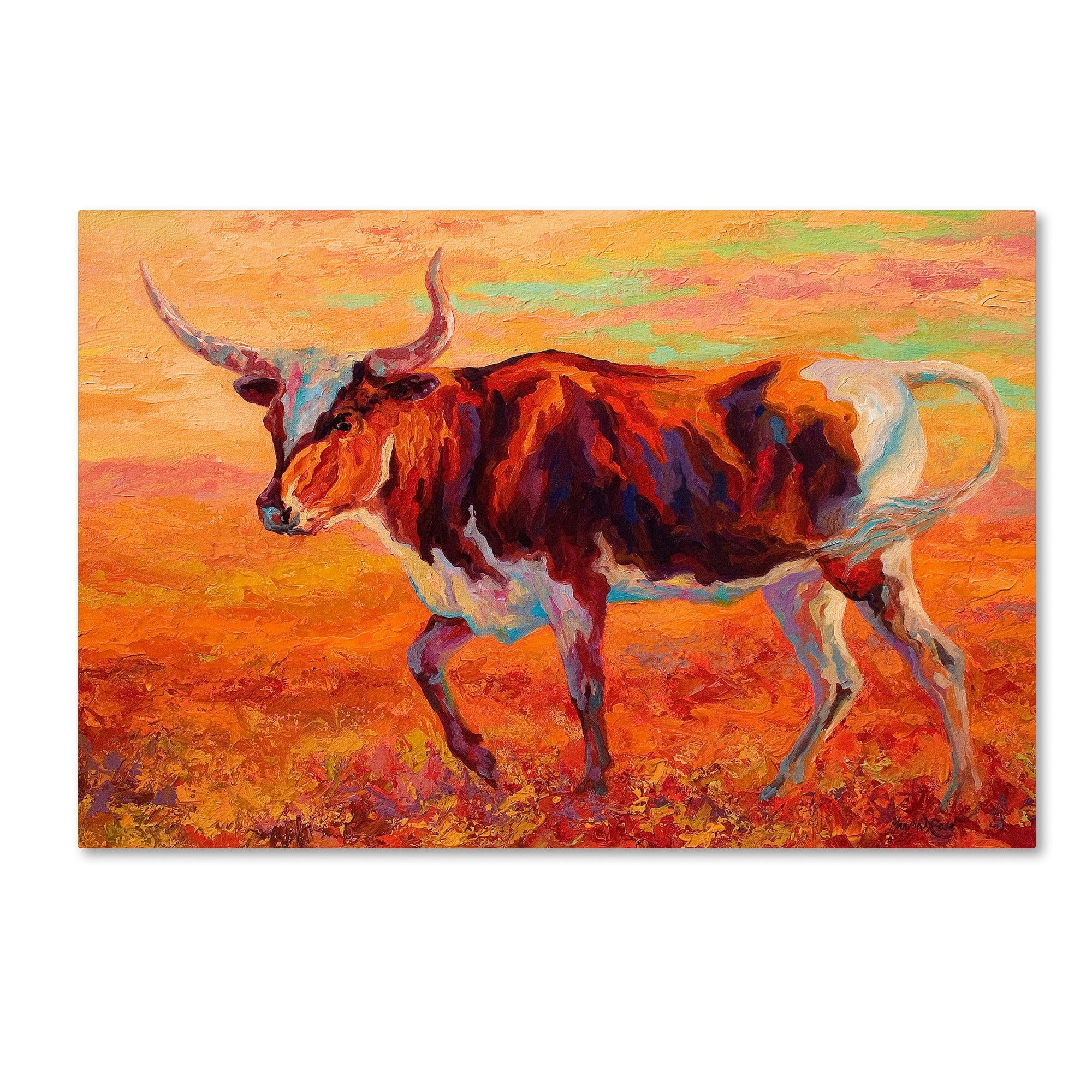 Vibrant Longhorn Heifer Landscape Canvas Art in Orange and Red