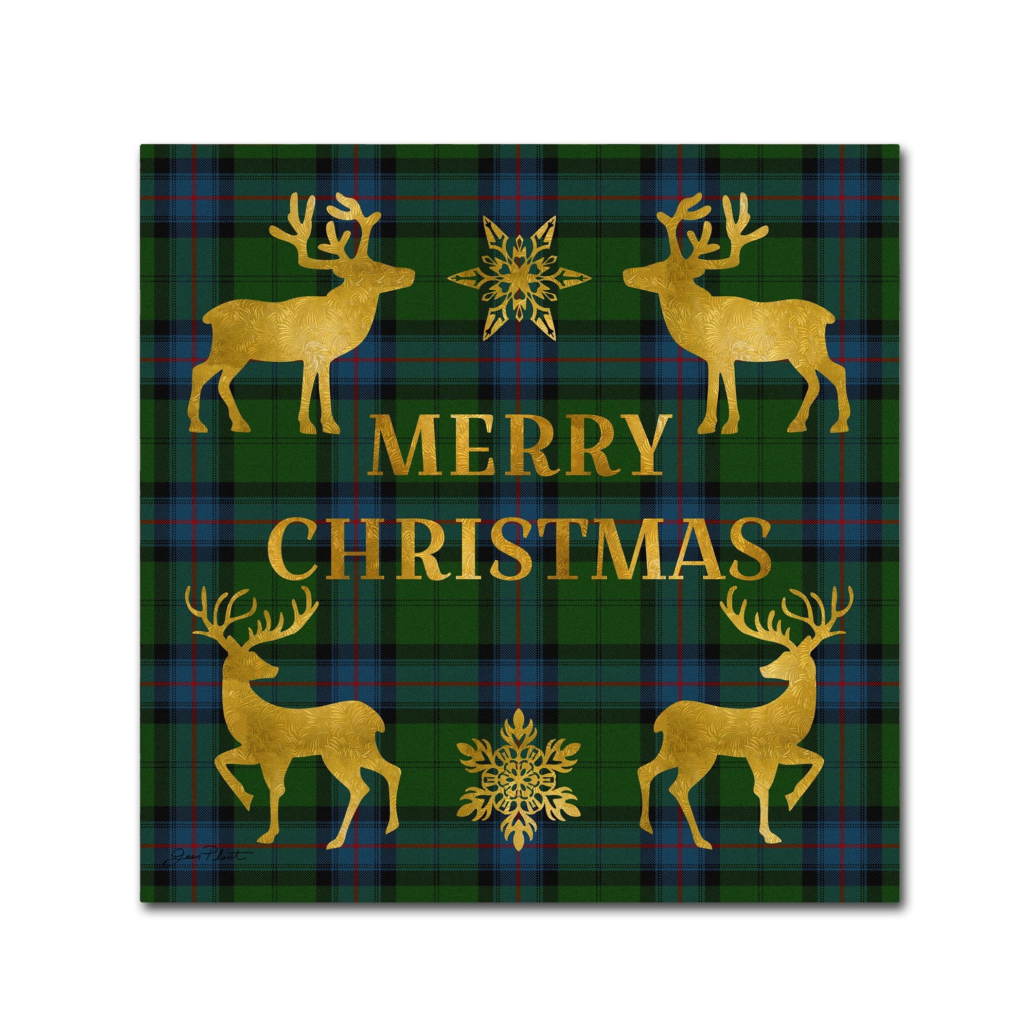 Merry Christmas Plaid Deer Scene Canvas Art 15x20