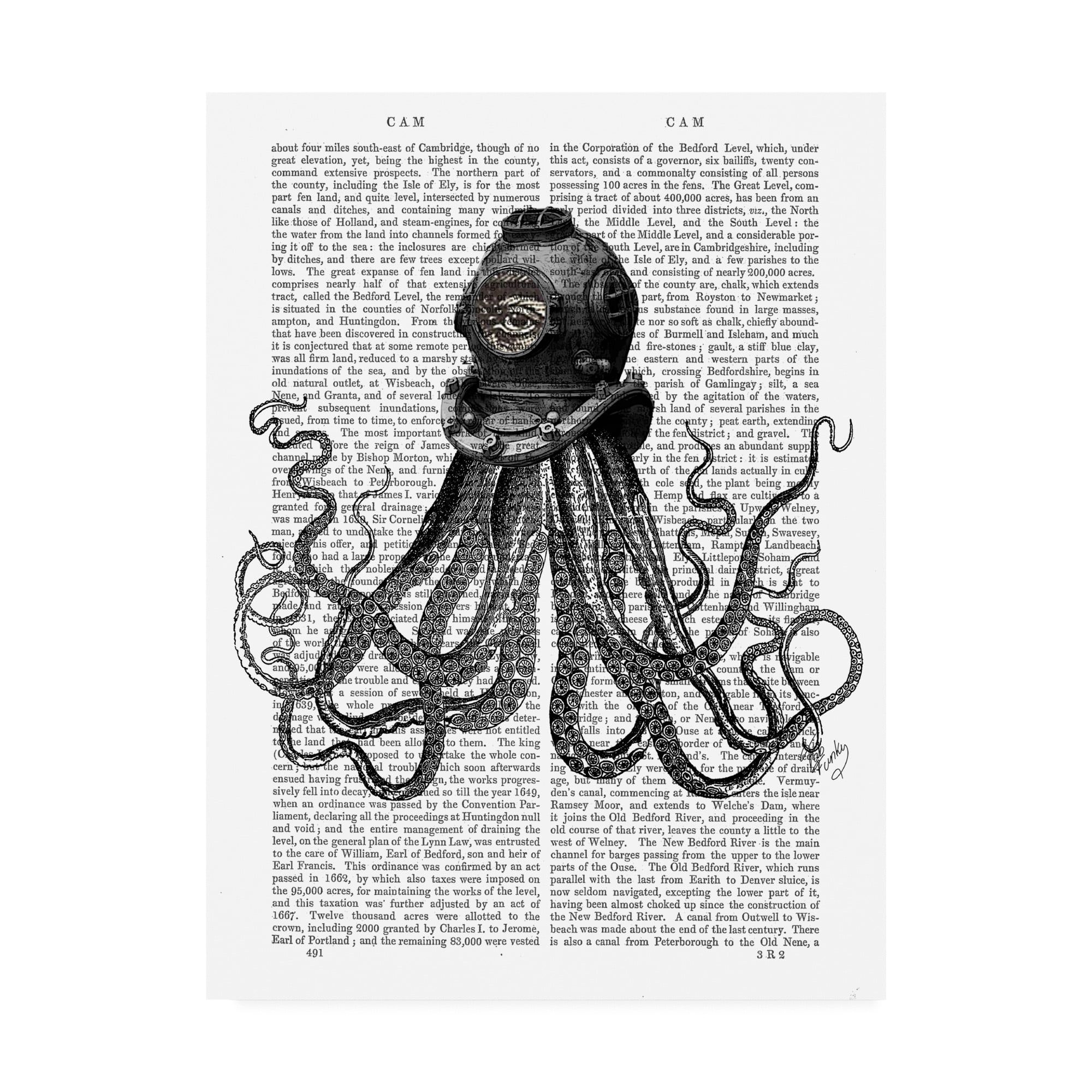 Fab Funky Octopus and Diving Helmet Black and White Canvas Art