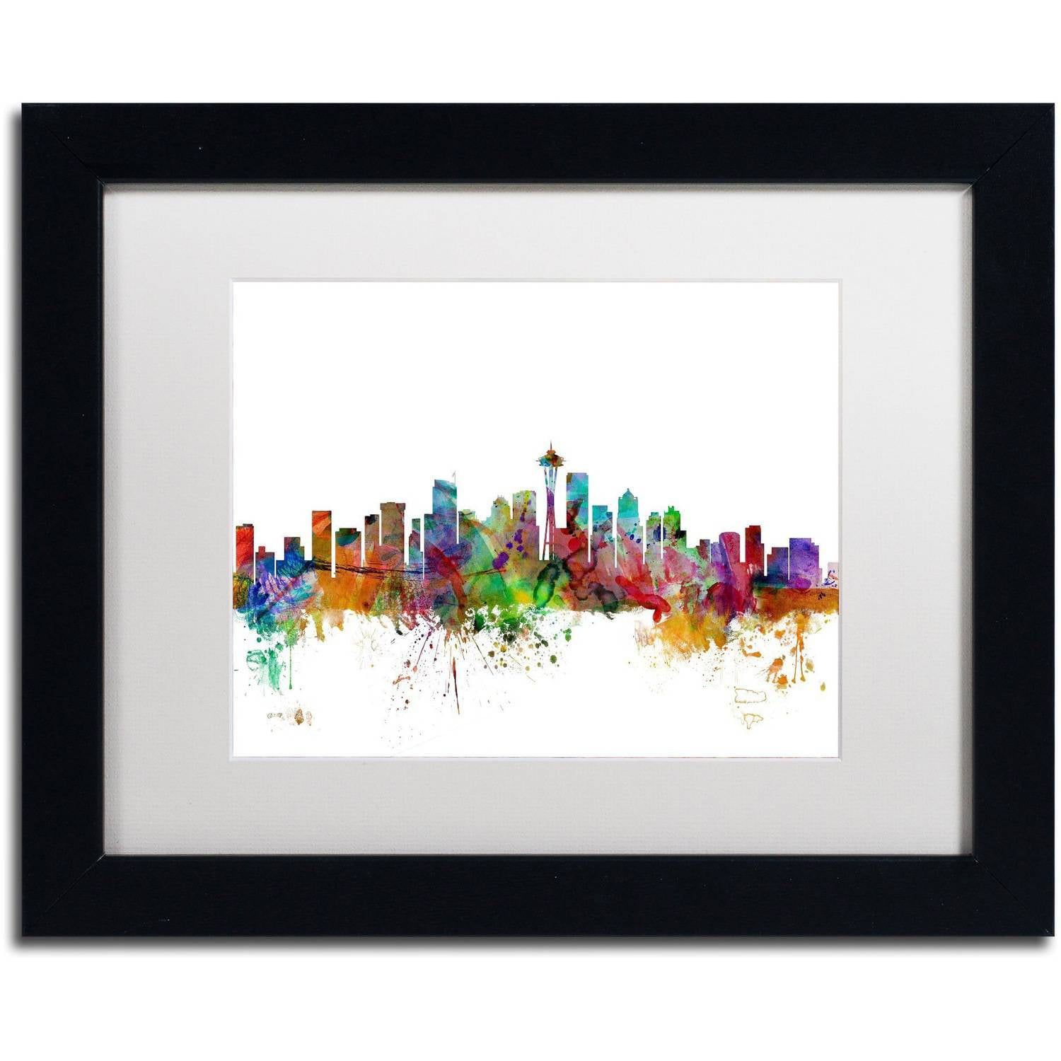 Seattle Skyline Colorful Watercolor Canvas Art with Black Acrylic Frame