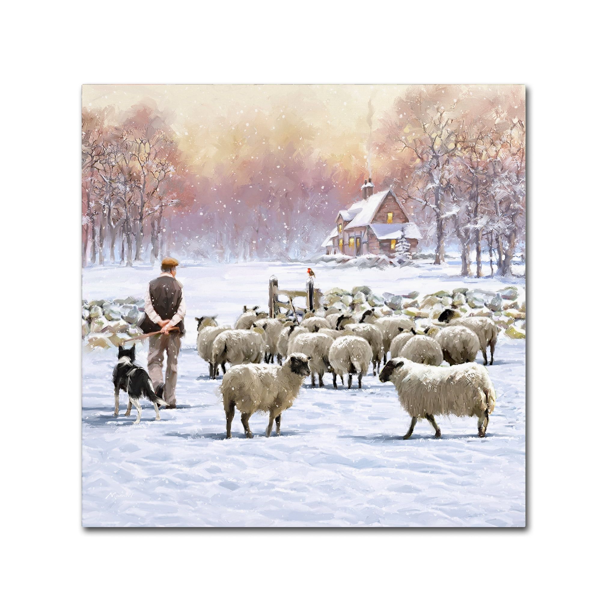 Sheep Shepherd 35'' Multicolor Canvas Landscape Painting