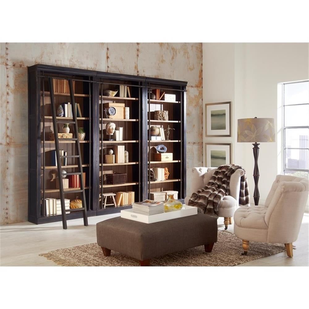 Traditional 8' Tall Black Wood Bookcase Wall with Ladder