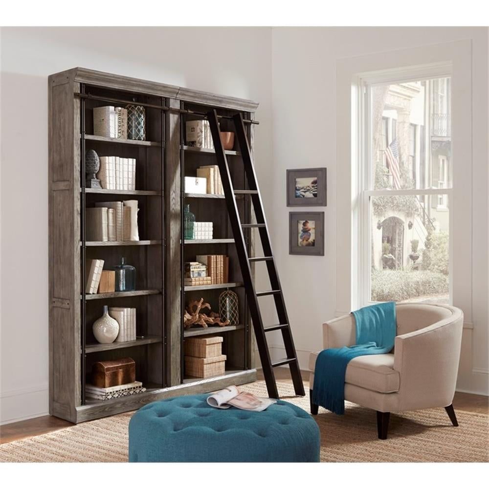 Gray 8' Tall Adjustable Wood Bookcase Wall with Ladder