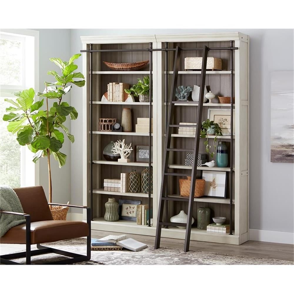 Traditional 8' Tall White Wood Bookcase Wall with Ladder