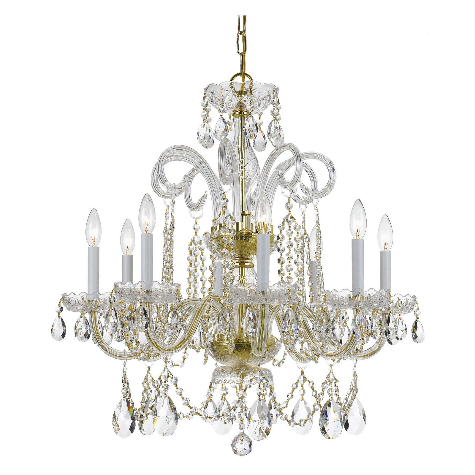 Polished Brass and Crystal 8-Light Candle Chandelier