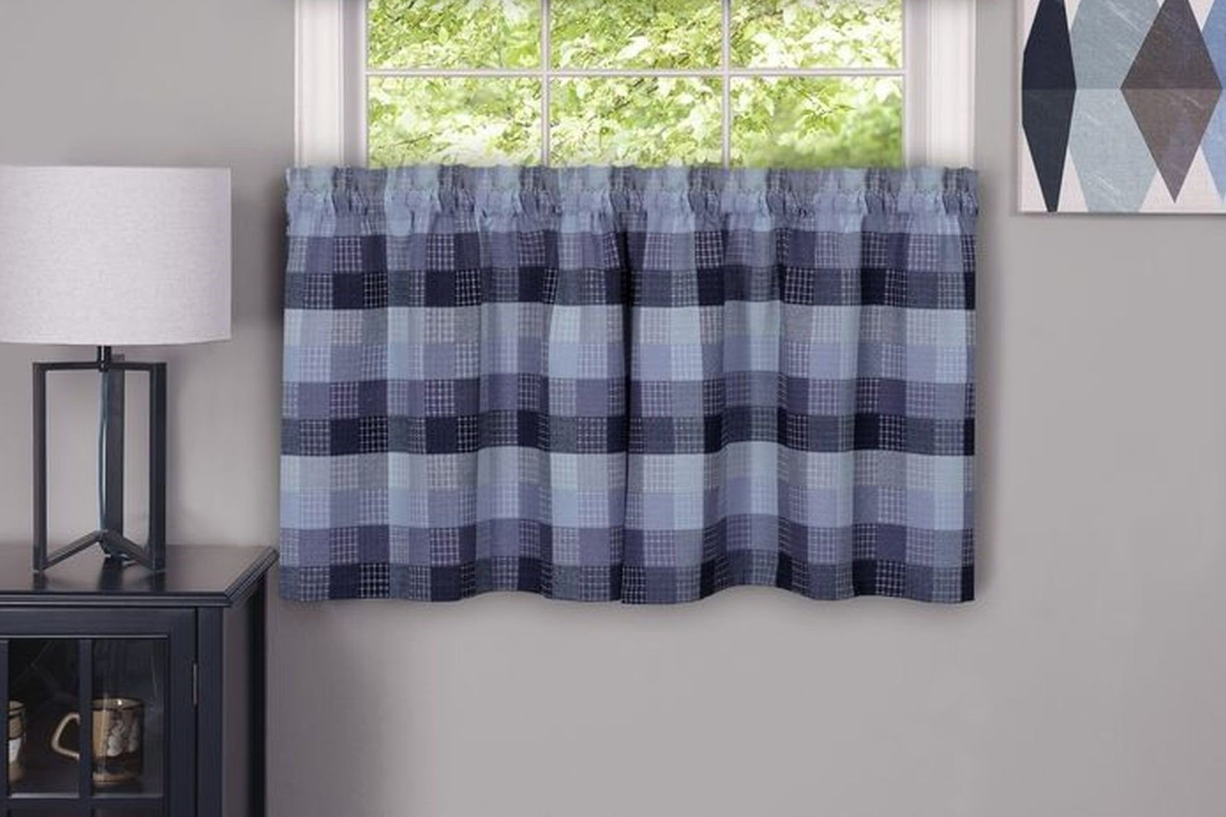 Blue Plaid Light-Filtering Cotton Polyester Window Curtain Tier Pair