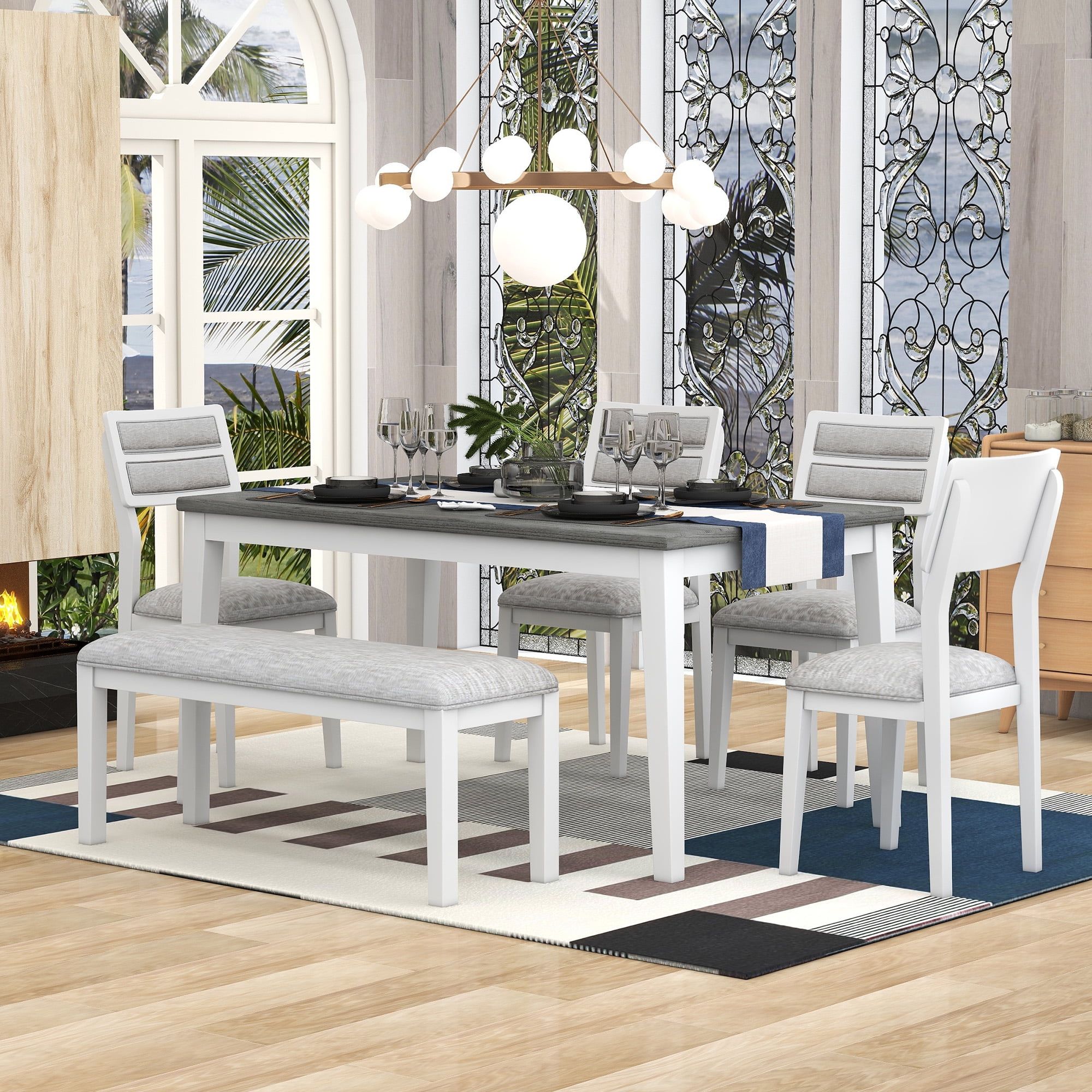 White and Gray Rectangular 6-Piece Dining Set with Upholstered Chairs and Bench