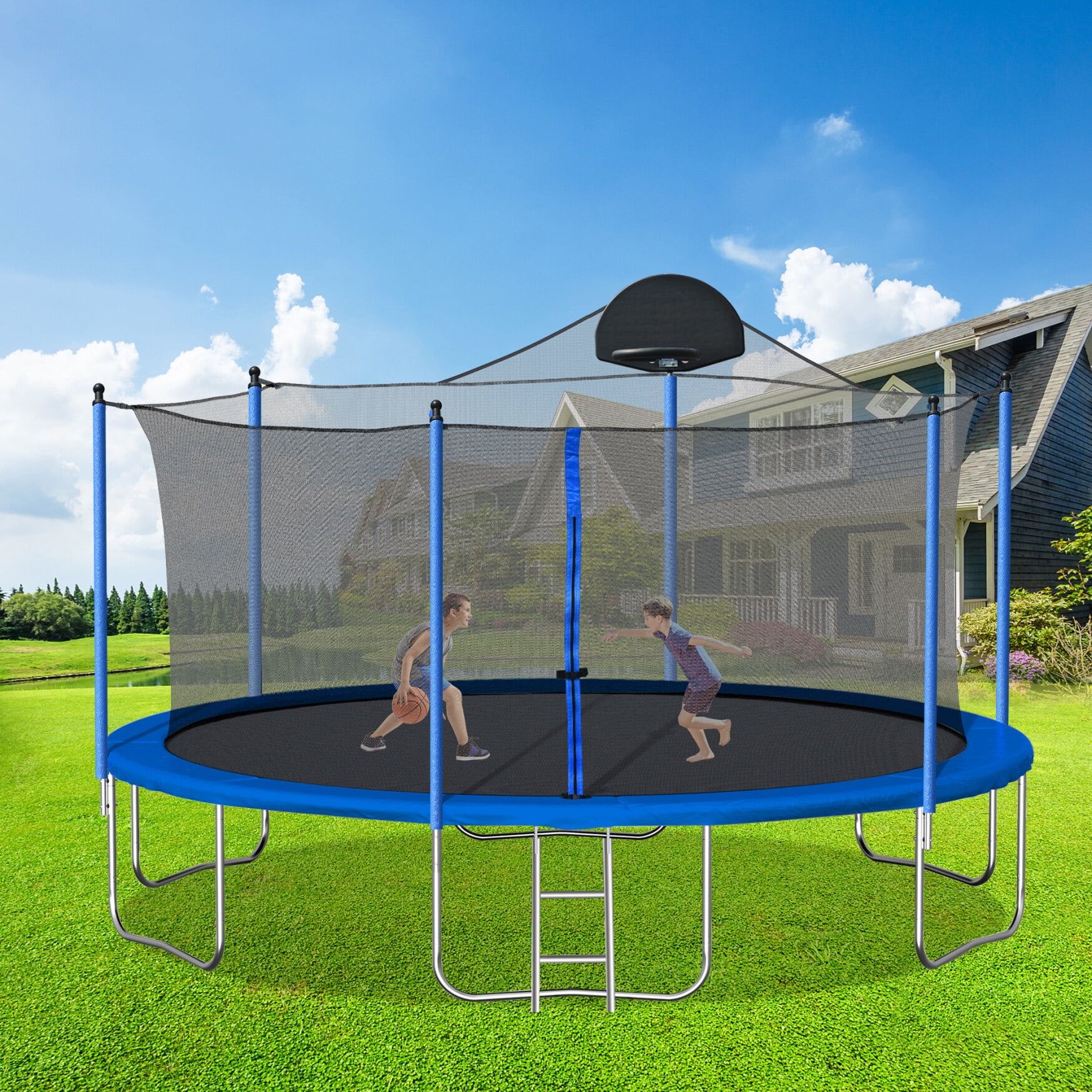 14ft Blue Round Trampoline with Safety Enclosure and Basketball Hoop