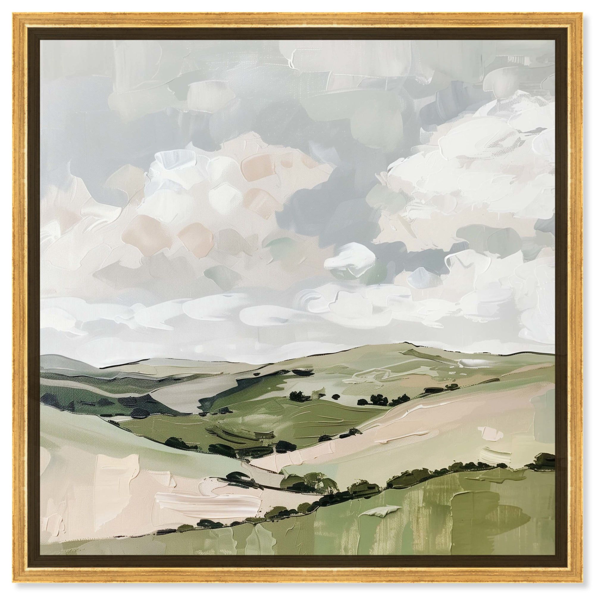 Tranquil Skies Green and Beige Canvas Wall Art with Gold Frame