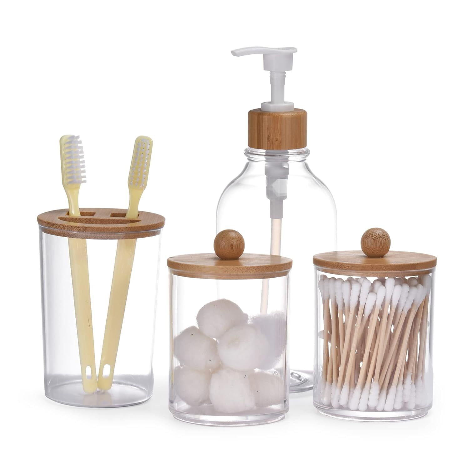 Clear Glass and Bamboo 4-Piece Bathroom Accessory Set