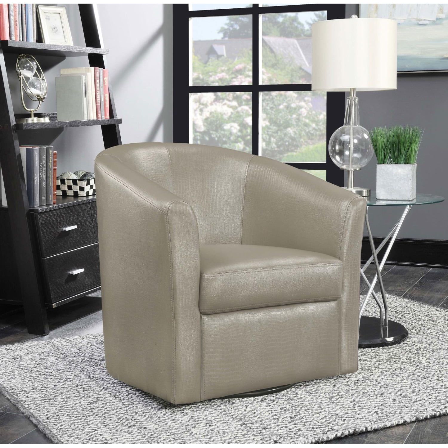 Contemporary Gray Faux Leather Barrel Swivel Accent Chair