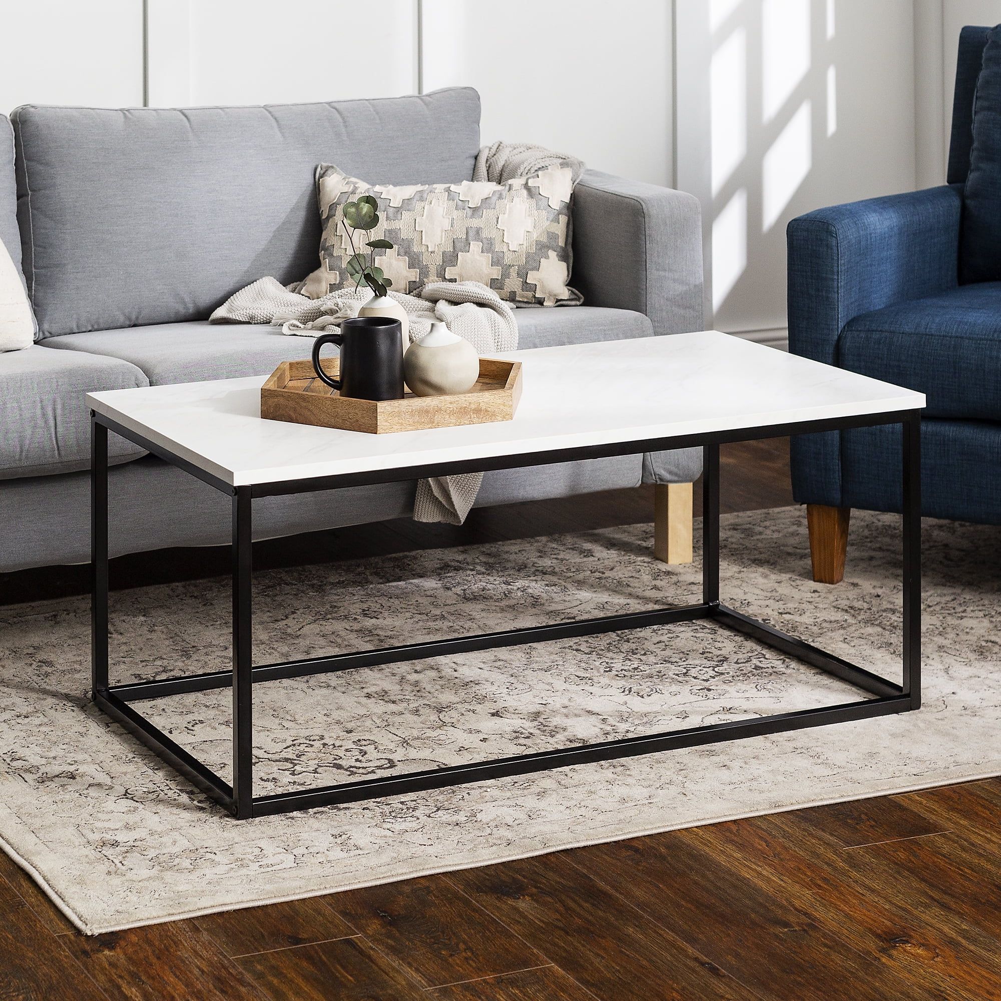 Sleek Black Rectangular Coffee Table with Faux Marble Top