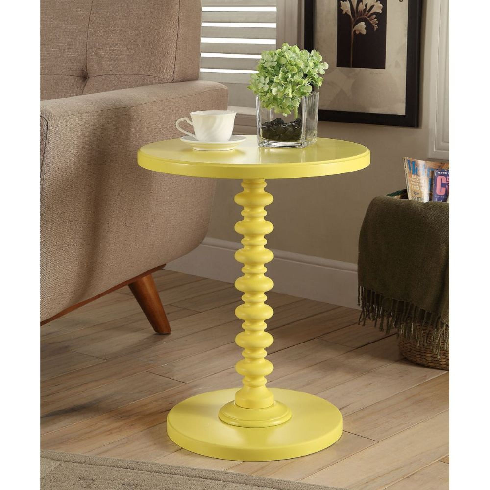 Acton Round Yellow Wooden Pedestal End Table