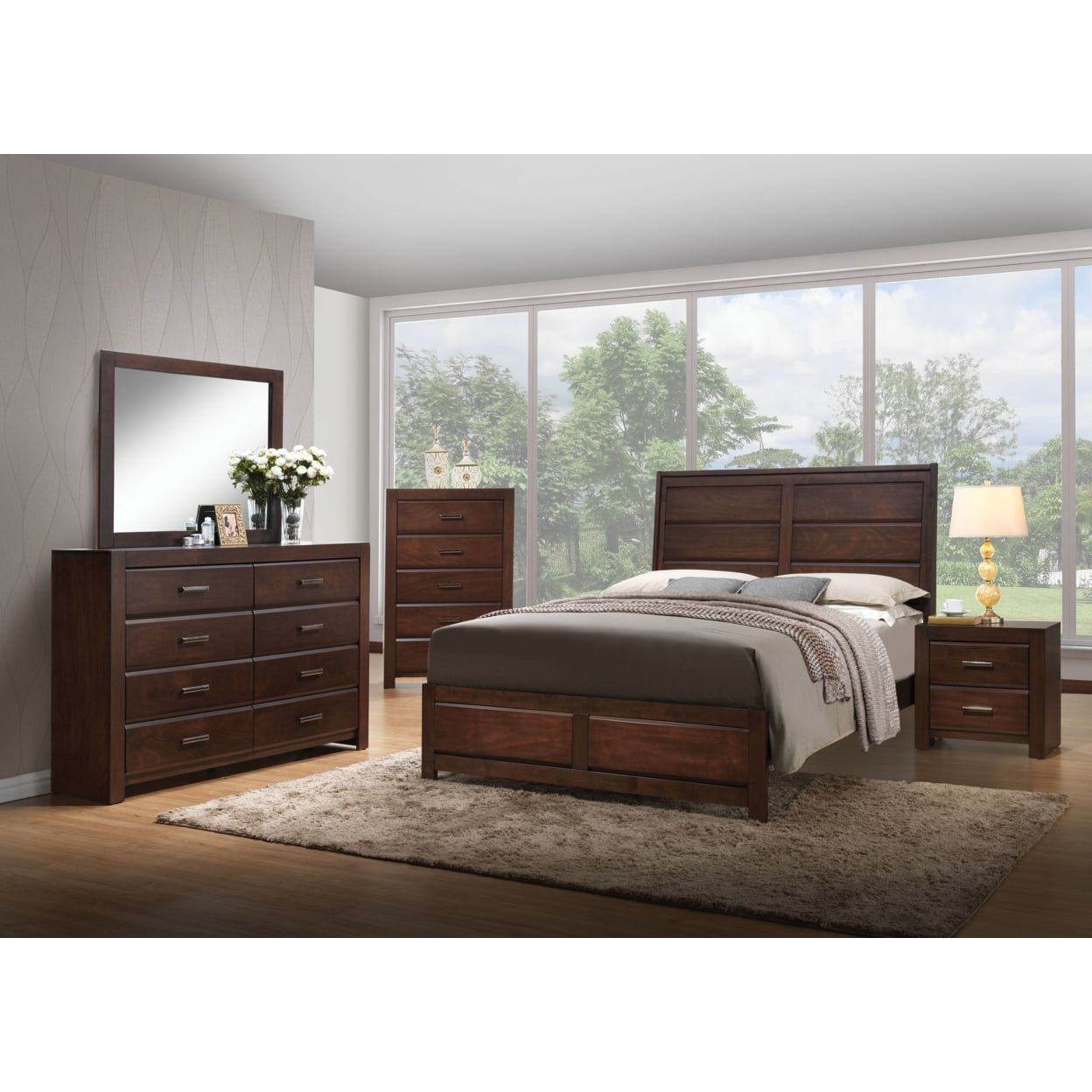 Walnut Queen Platform Bed with Storage Drawers and Upholstered Headboard