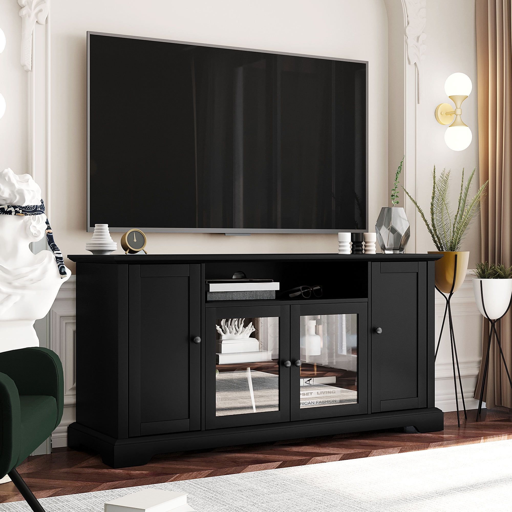 Black Transitional TV Stand with Glass Doors and Adjustable Shelves