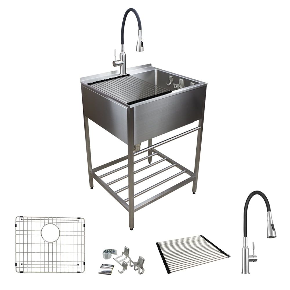 Brushed Satin Stainless Steel Farmhouse Laundry Sink with Wash Stand