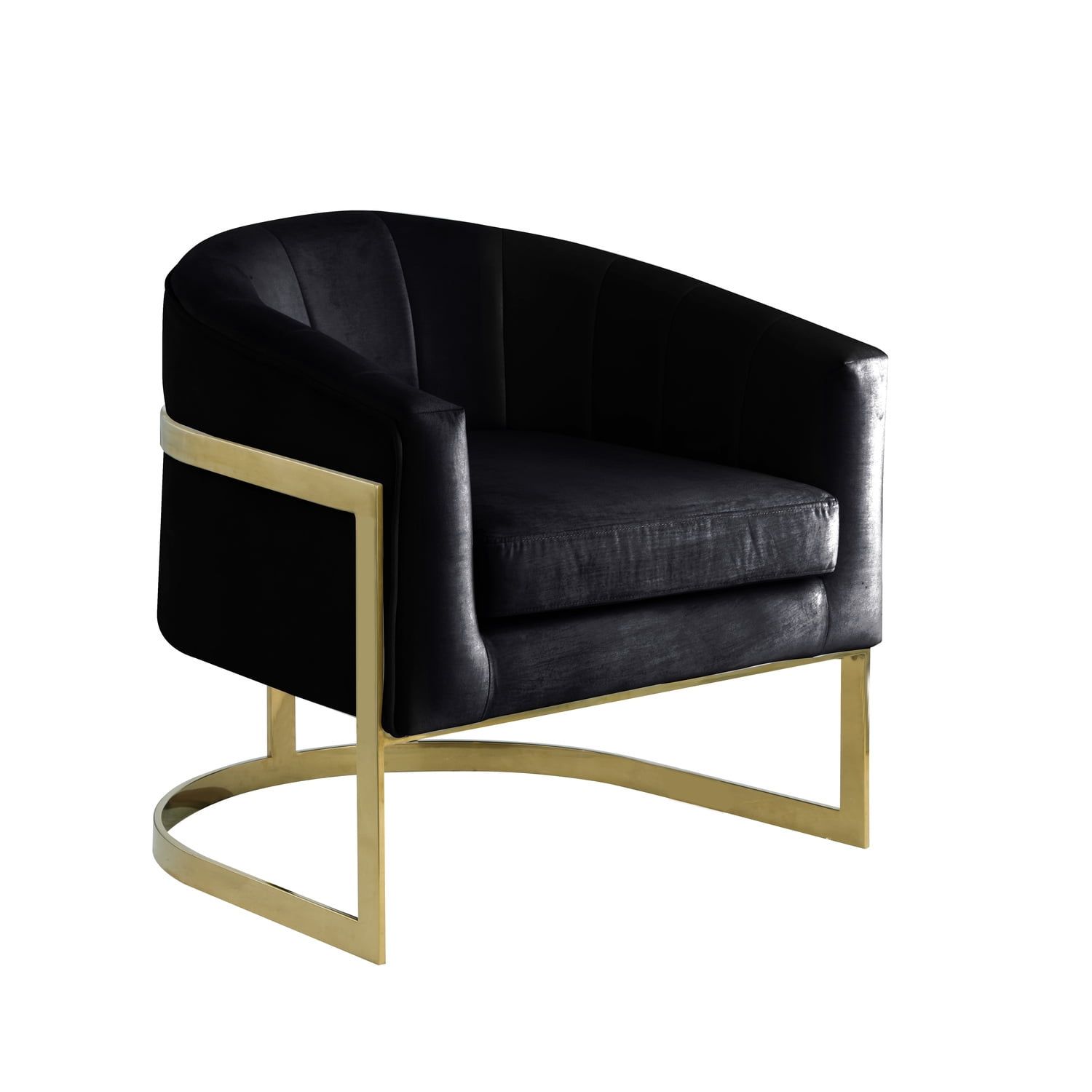 Modern Glam Black Velvet Barrel Accent Chair with Gold Accents