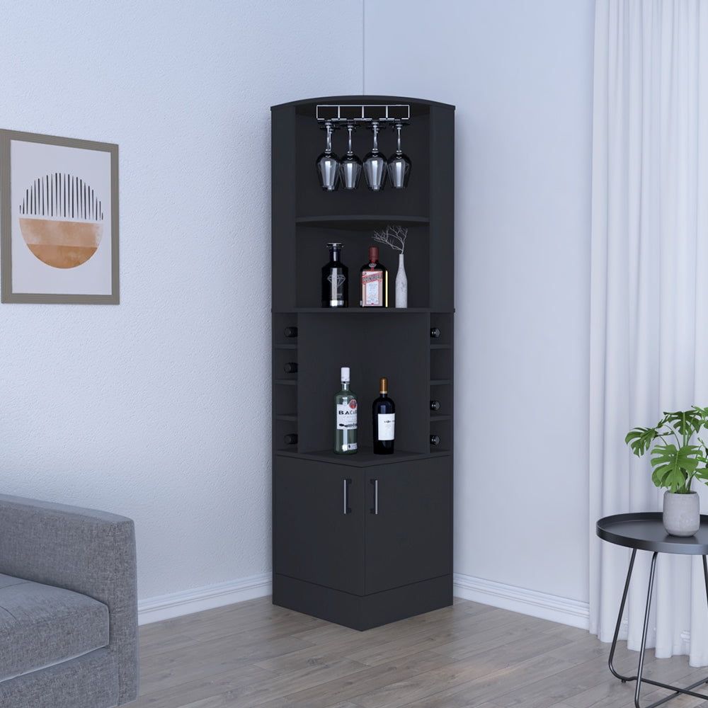 Black Wengue Modern Bar Cabinet with Wine Cubbies and Double Door