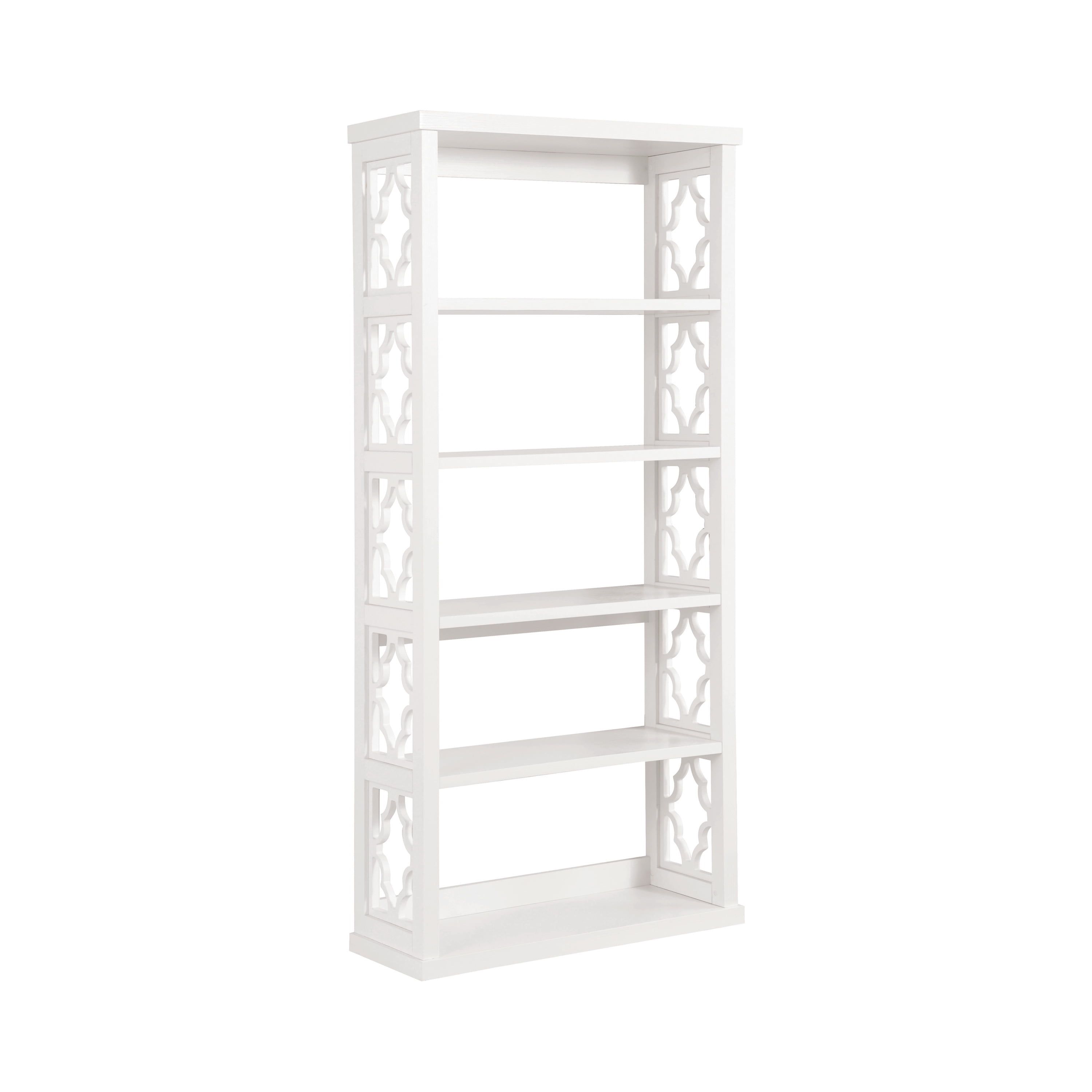 Adjustable White Transitional Wood Bookcase with Elaborate Designs