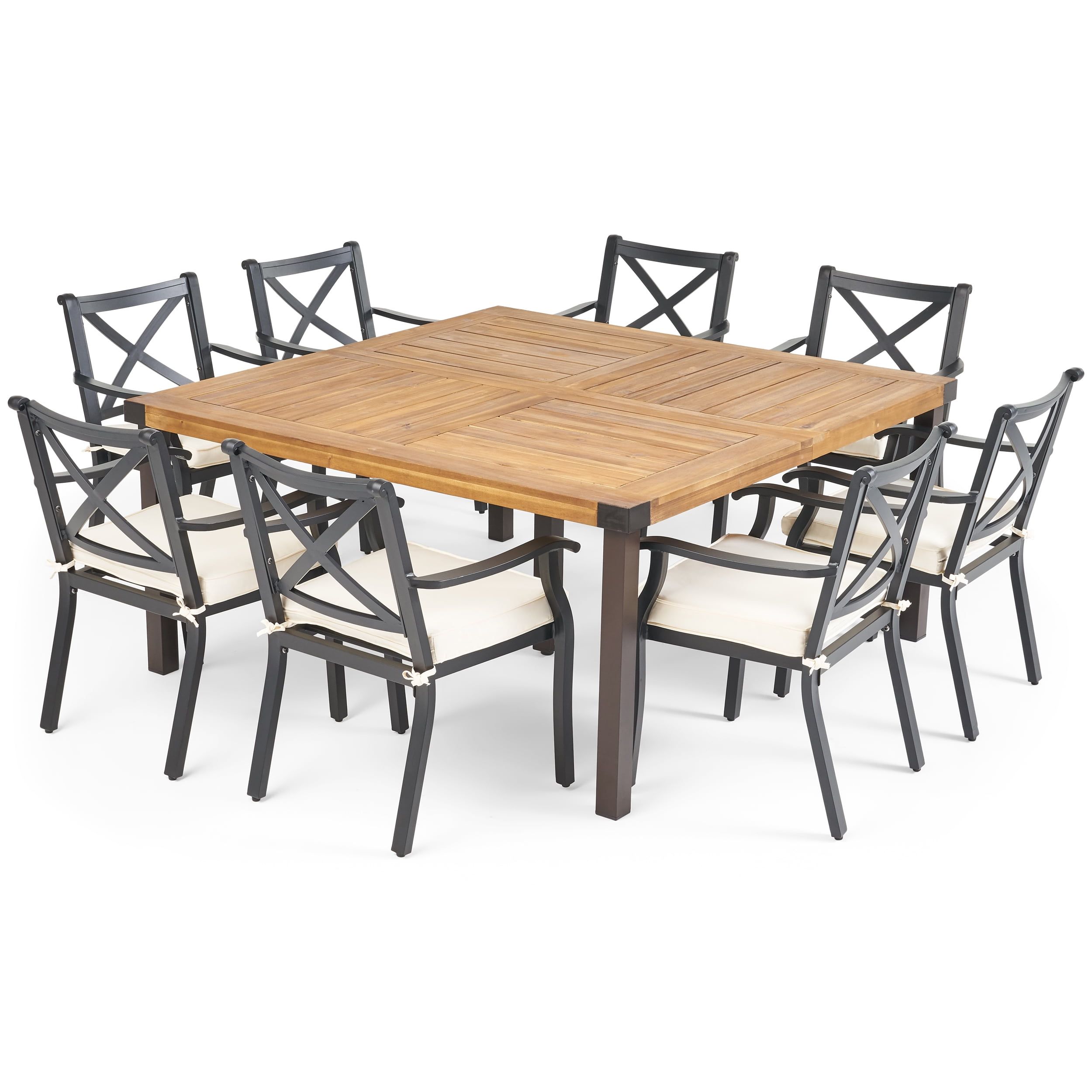 Esfera 9-Piece Teak and Black Patio Dining Set with Ivory Cushions