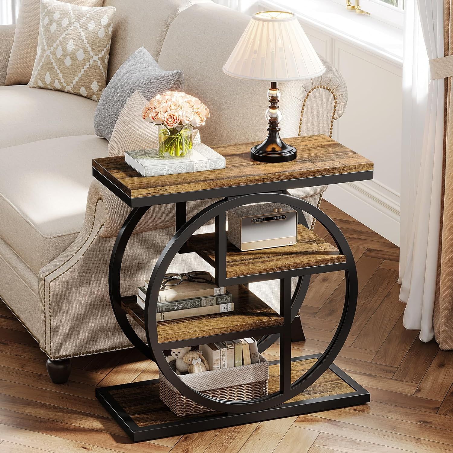 Rustic Brown 4-Tier Wood and Metal Geometric End Table