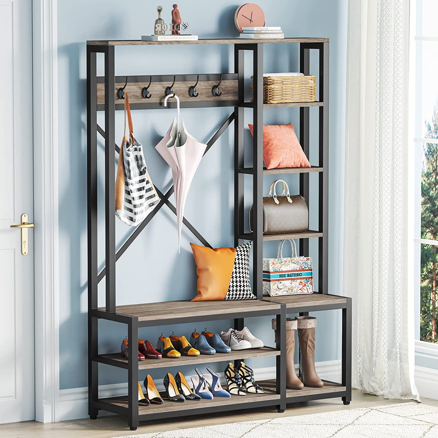 Gray Industrial Hall Tree with Storage Bench and Shelves