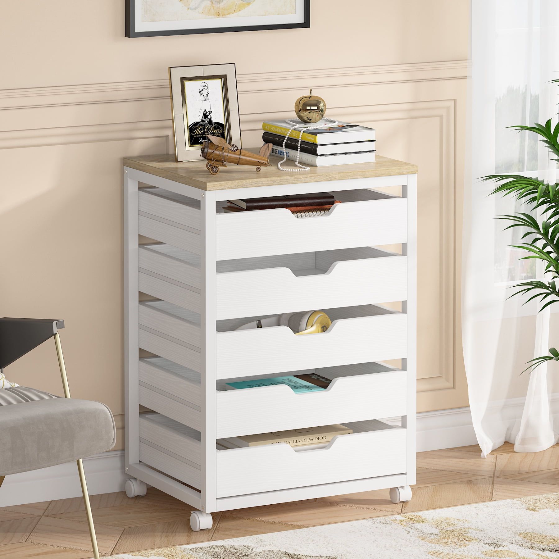 White 5-Drawer Wood Storage Cabinet with Casters