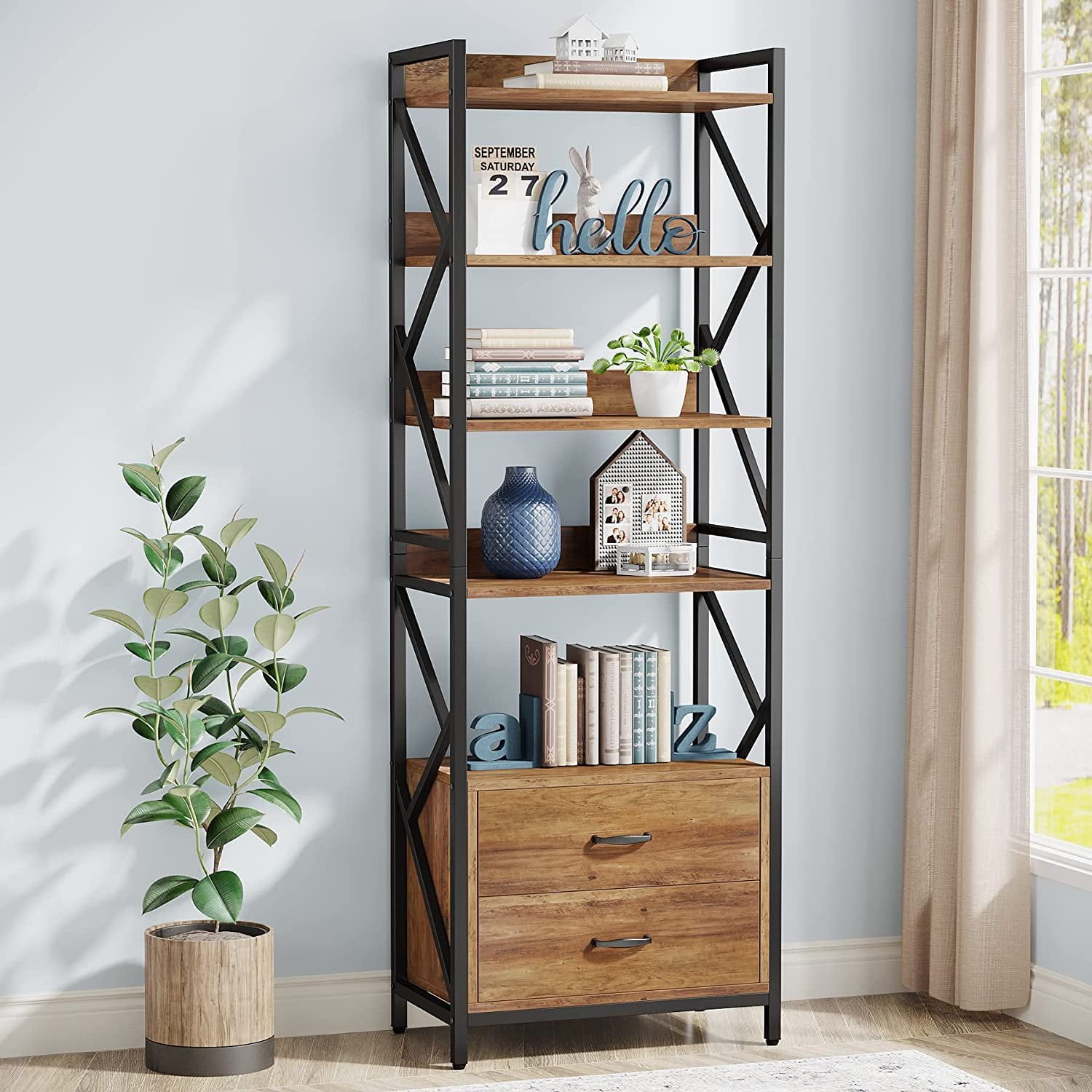 Industrial Brown 5-Tier Bookshelf with Metal Frame and Drawers