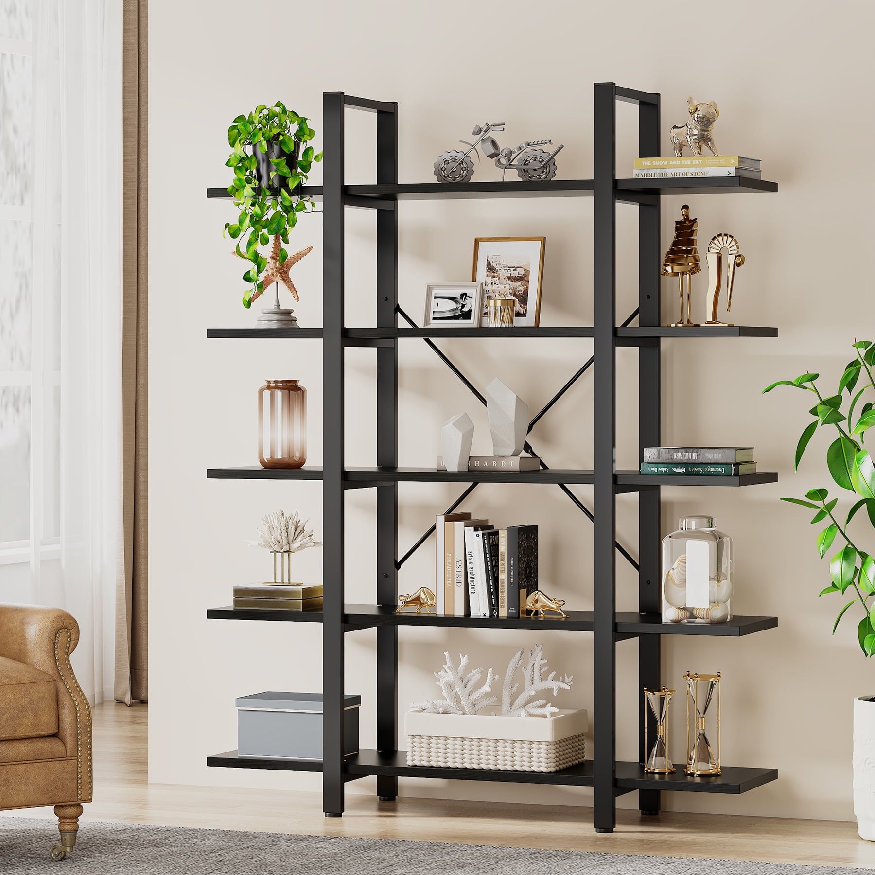 Industrial Black 72-Inch 5-Tier Metal and MDF Bookshelf