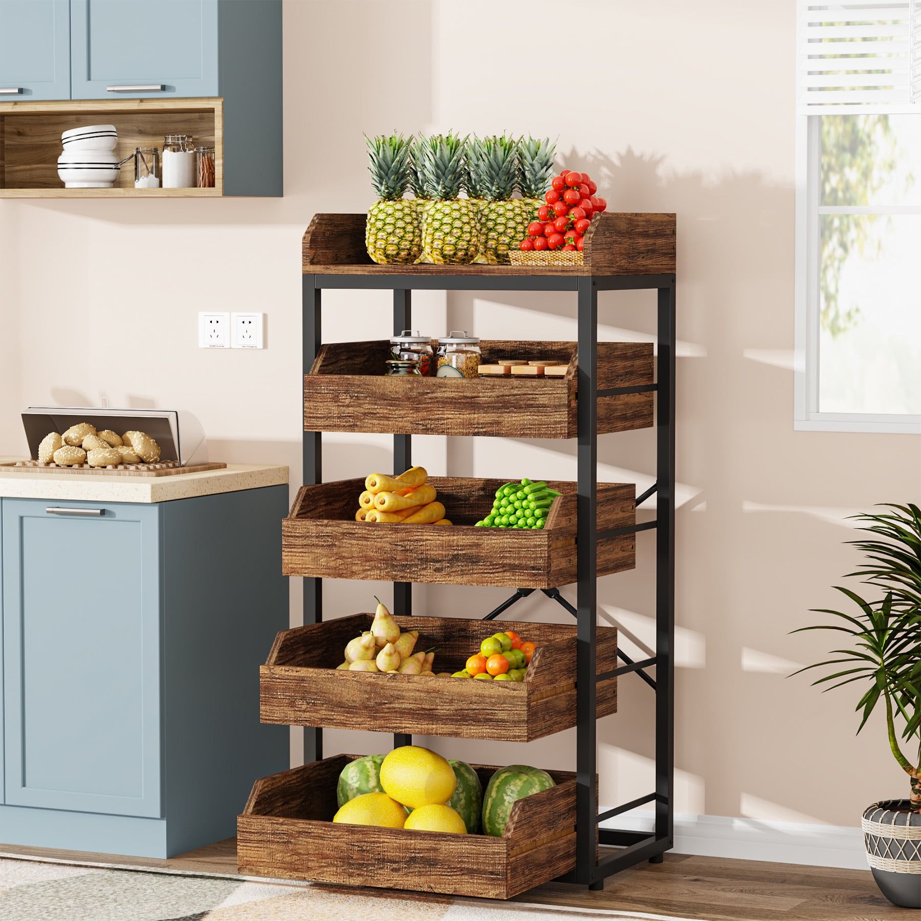 Rustic Brown 5-Tier Wood and Metal Fruit and Vegetable Storage Rack