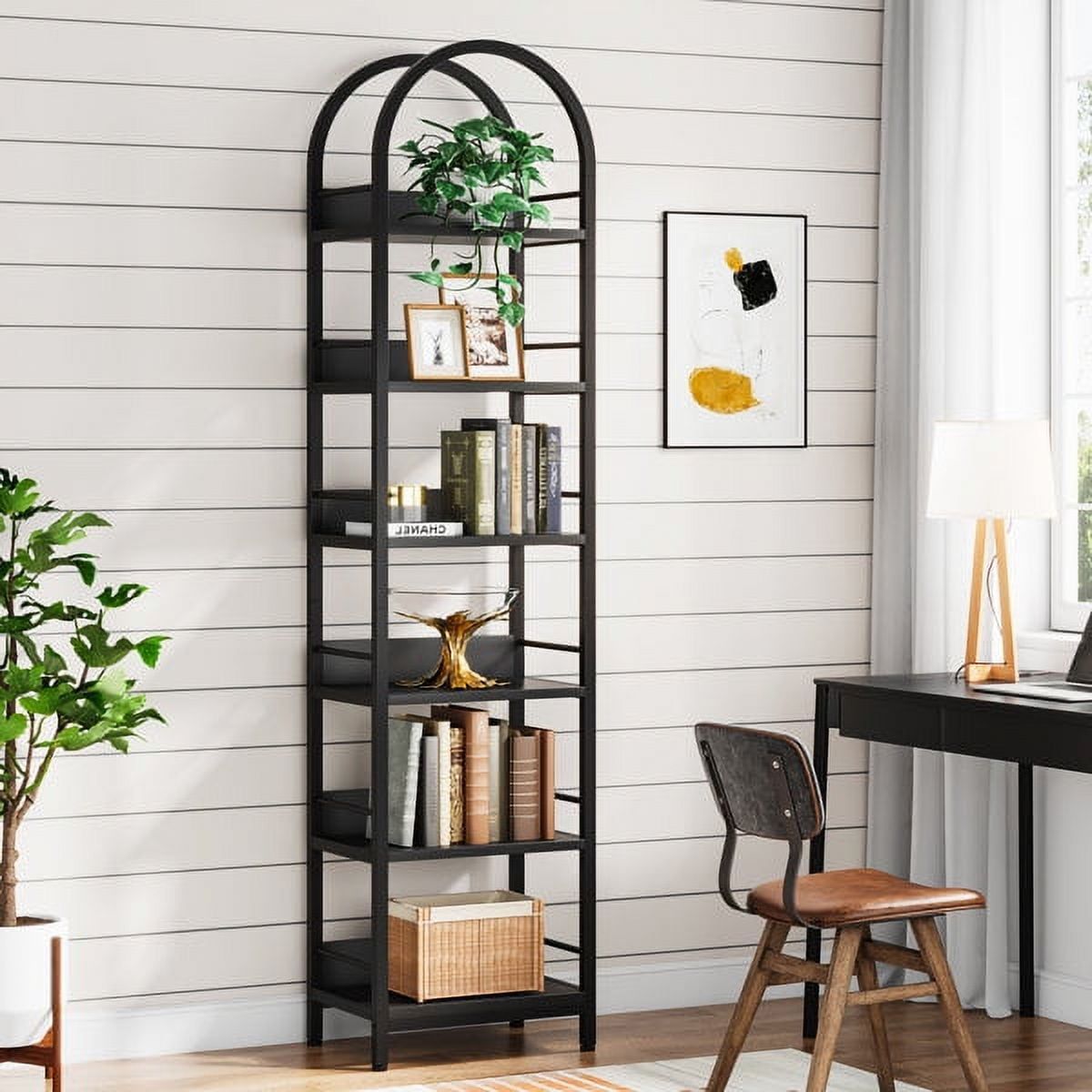 Black Arched 6-Tier Metal and Wood Bookshelf