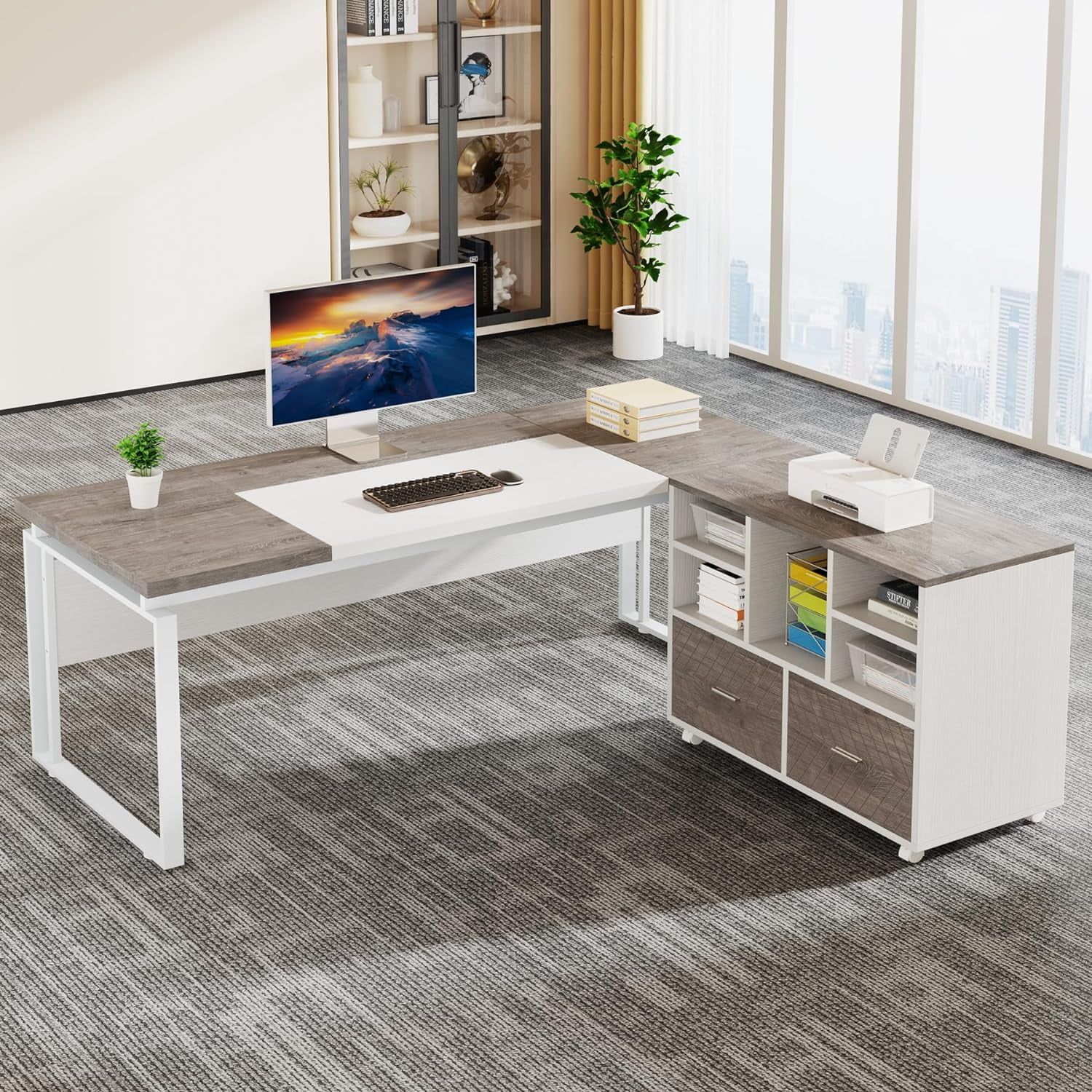 Tribesigns 63" Gray and White L-Shaped Executive Desk with Reversible File Cabinet