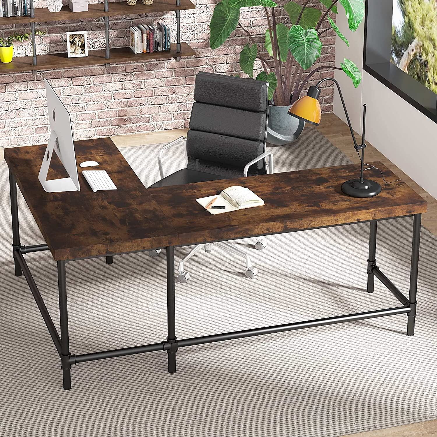 Rustic Brown L-Shaped Industrial Wood Corner Desk