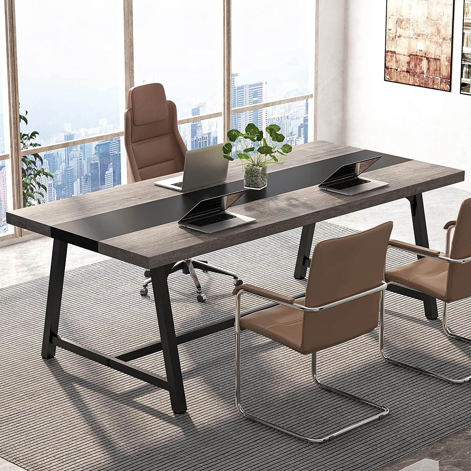 Gray Rectangular Wood and Metal Modern Conference Table