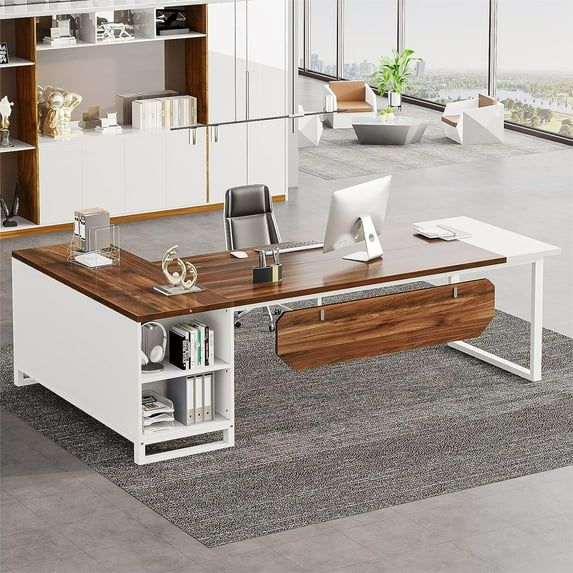 Walnut and White L-Shaped Executive Desk with Filing Cabinet