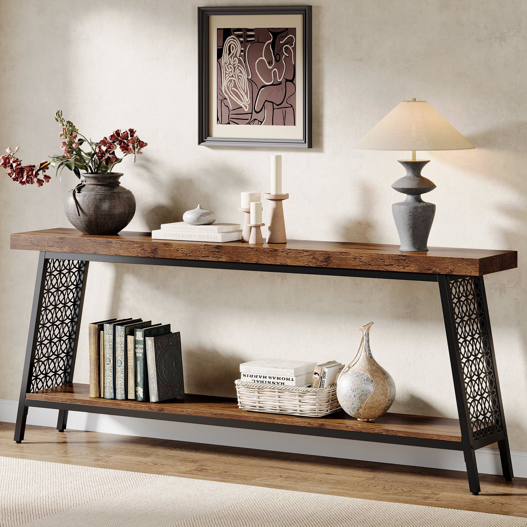 Rustic Brown and Black 70.9" Industrial Console Table with Storage Shelf