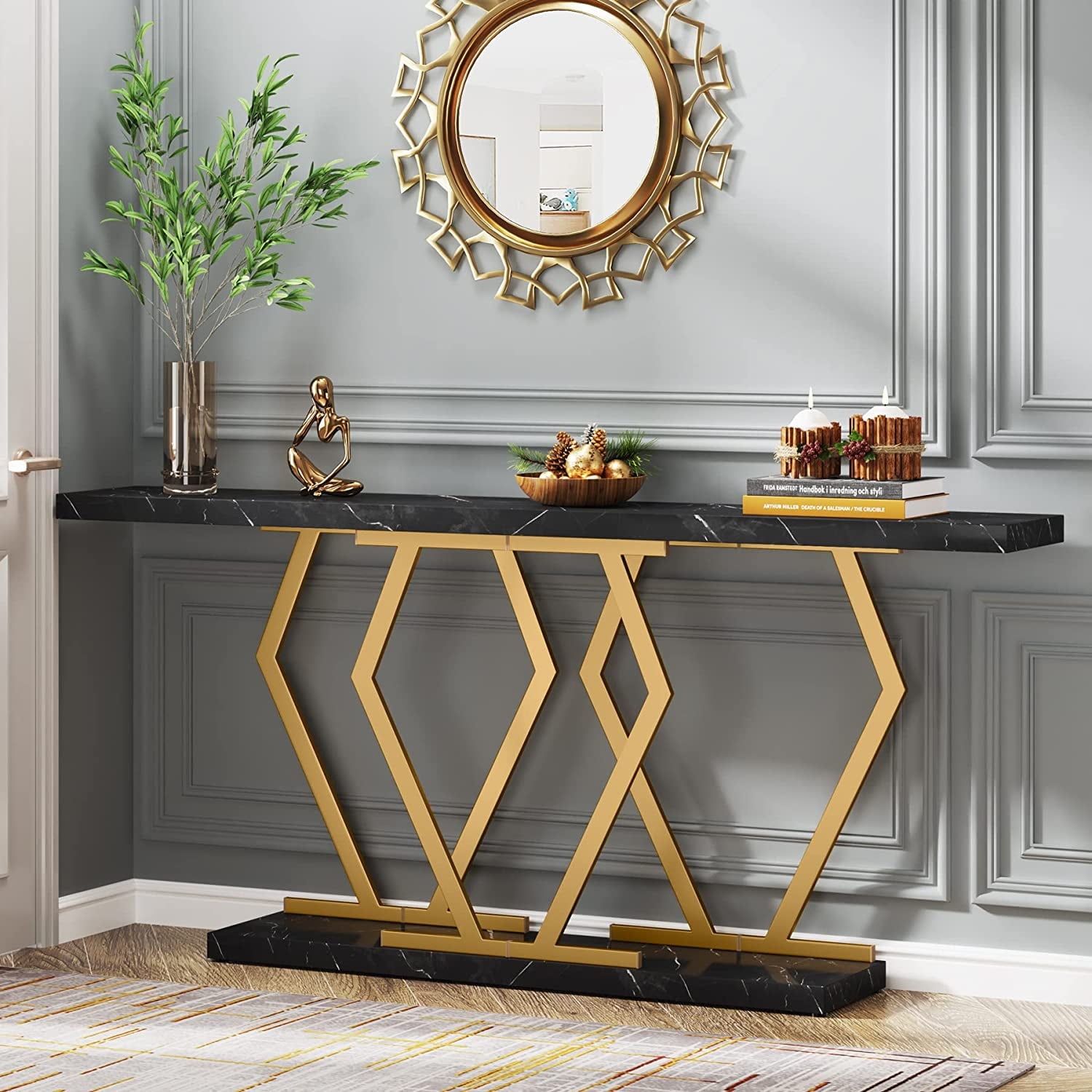 70.9" Black Faux Marble Console Table with Gold Geometric Frame