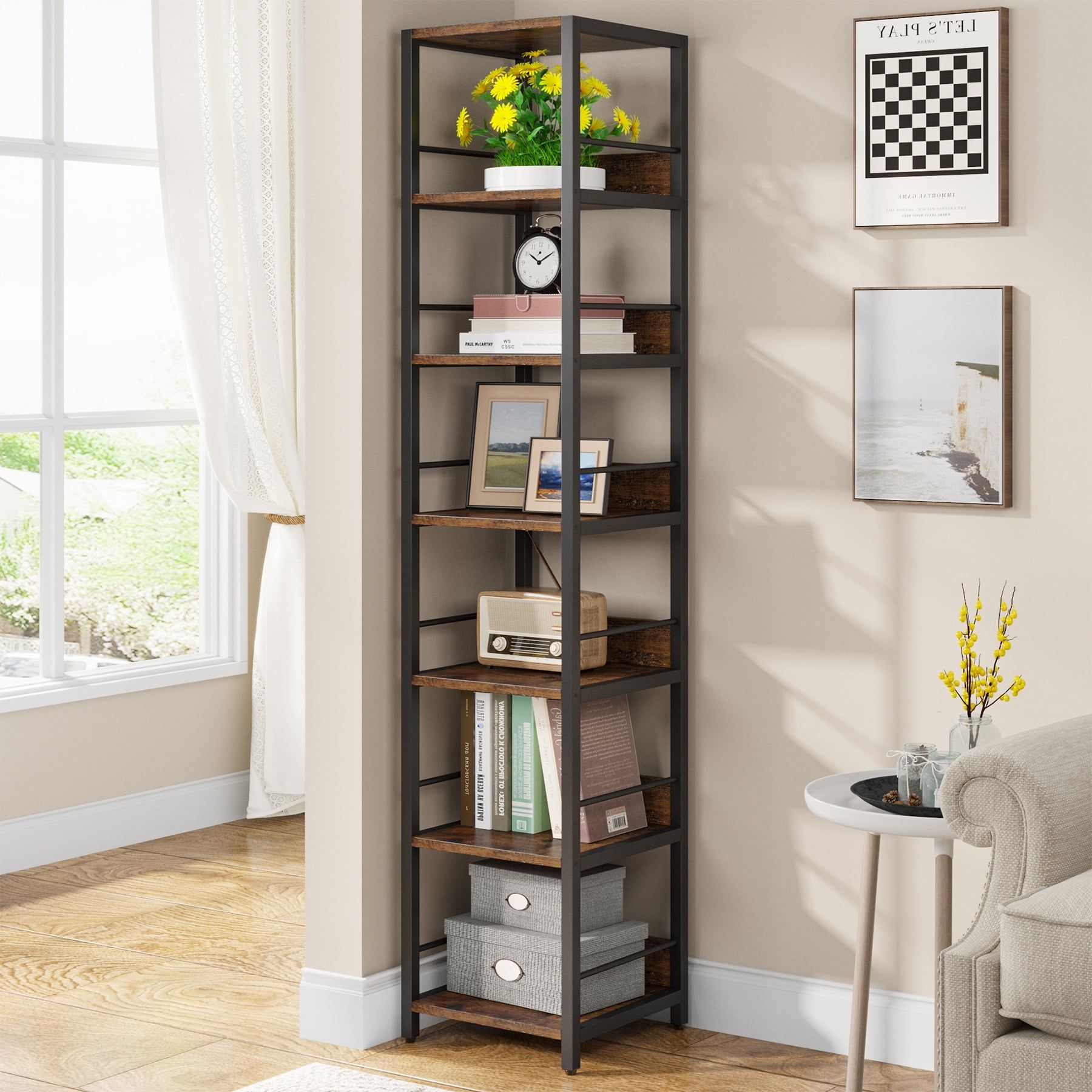 Tall Rustic Brown and Black Adjustable Corner Bookshelf